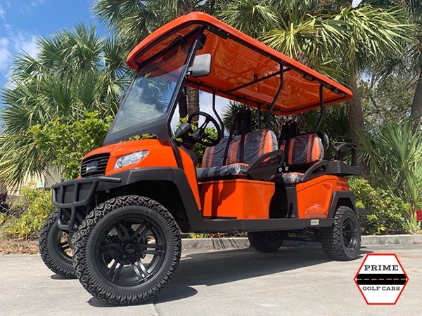 Orange Bintelli Beyond 6 Passenger Lifted Golf Cart affordable golf cart rental, golf cart rent marathon