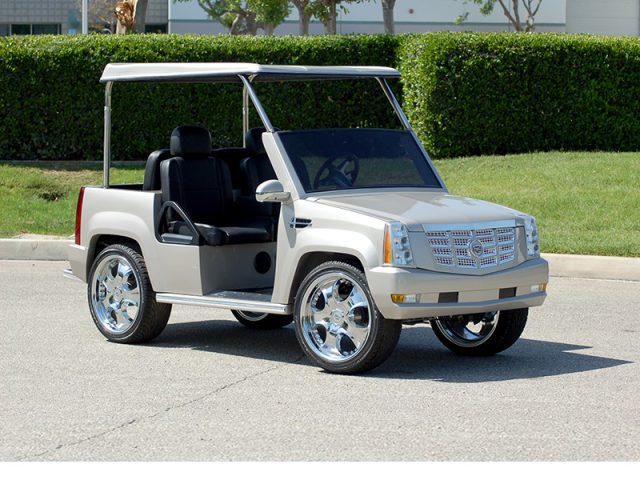 Silver Escalade Golf Cart With Roof and Custom Wheels affordable golf cart rental, golf cart rent marathon