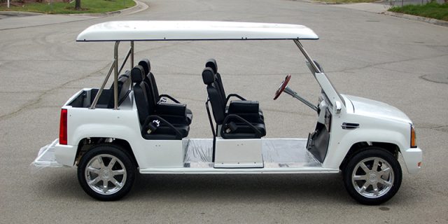 White Escalade Limo Golf Cart affordable golf cart rental, golf cart rent marathon